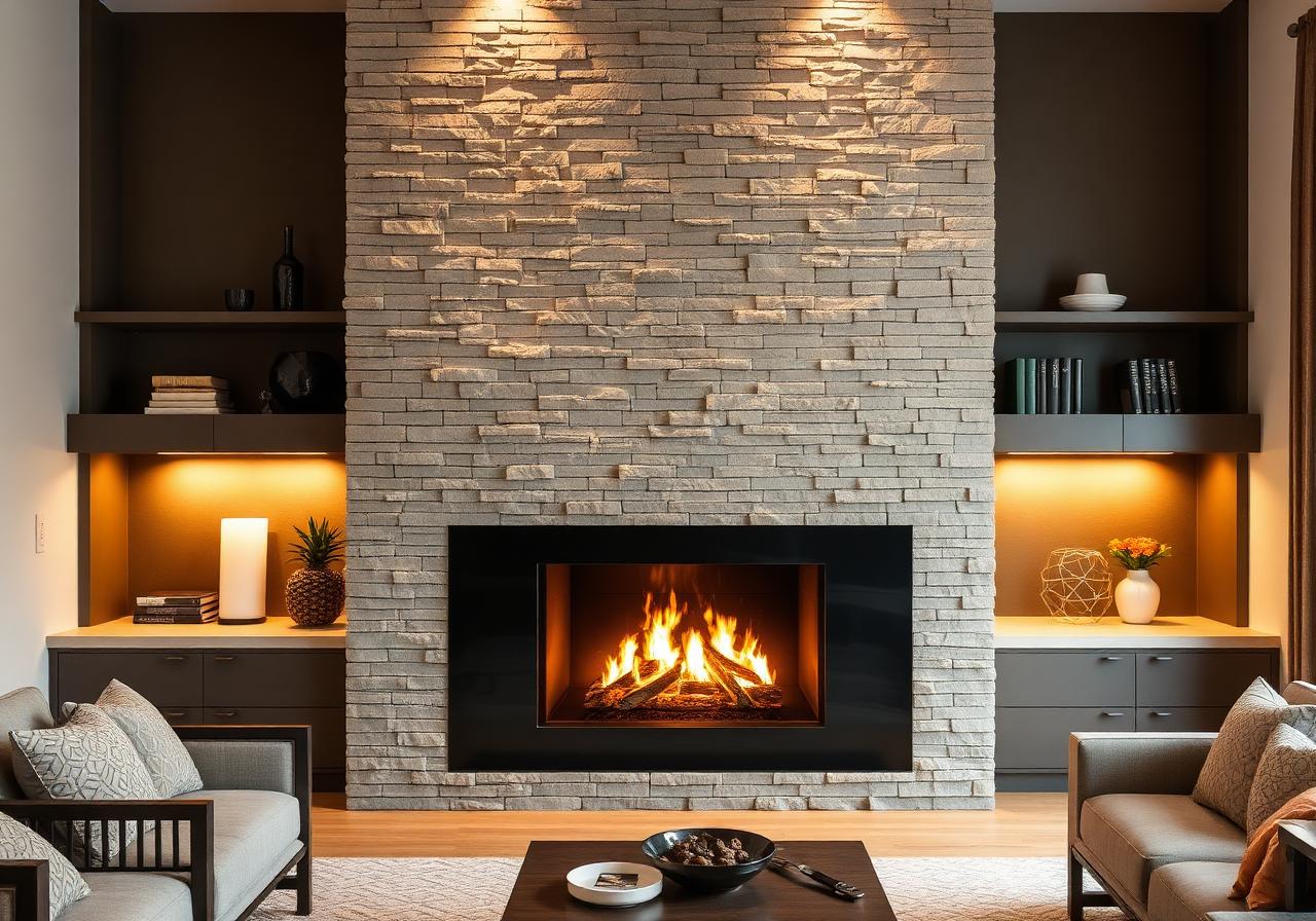 Stacked stone fireplace accent wall